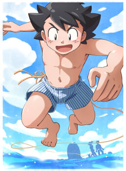 1girl 2boys ahoge armpits ash_ketchum barefoot black_eyes black_hair blush boxer boxer_briefs bulge collarbone day facing_viewer feet full_body harano_hiroshi highres jumping legs looking_down male_focus male_underwear medium_hair multiple_boys navel neck nintendo nipples ocean official_underwear open_mouth outdoors outstretched_arm outstretched_arms pokemon pokemon_(anime) pokemon_(classic_anime) scene_reference shiny_skin shota sky spiked_hair spread_arms spread_legs striped_boxers thighs toes underwear underwear_only unworn_clothes v-shaped_eyebrows
