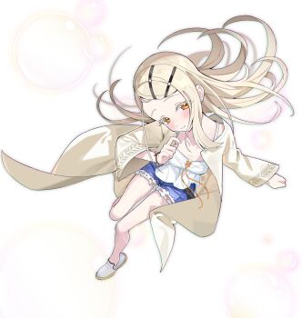 1girl absurdres belt black_belt blue_shorts blush breasts closed_mouth collarbone colored_eyelashes denim denim_shorts earrings floating_hair gakuen_idolmaster hair_ornament hairclip hand_up highres idolmaster jewelry long_sleeves looking_at_viewer open_clothes open_robe orange_eyes orange_ribbon parallel_hairclips ribbon robe rope_belt shinosawa_hiro shirt shorts small_breasts smile solo split_mouth stud_earrings tamago_(eva1314056) white_background white_robe white_shirt wristband