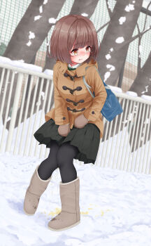 1girl adversarial_noise bag bare_tree between_legs black_pantyhose blue_bag blush bob_cut boots bow bowtie breasts brown_eyes brown_hair brown_jacket brown_mittens day dutch_angle embarrassed female_focus fence full_body green_bow green_bowtie green_skirt grey_boots hand_between_legs have_to_pee highres jacket knee_boots knees_together_feet_apart leaning_forward long_sleeves looking_to_the_side medium_hair miniskirt mittens nose_blush original outdoors paid_reward_available pantyhose parted_lips pee peeing peeing_self pigeon-toed pleated_skirt school_bag school_uniform shirt shoulder_bag skirt small_breasts snow solo standing tearing_up tears tree urabe_miyabi white_shirt winter winter_clothes