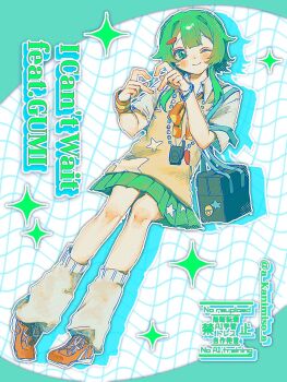 1girl ;) a_kanimiso_a black_bag bow bowtie bracelet carrot_hair_ornament center-flap_bangs closed_eyes closed_mouth collared_shirt commentary_request film_grain food-themed_hair_ornament full_body green_shirt gumi hair_ornament heart heart_hands highres i_can't_wait_(synthesizer_v) jewelry leg_warmers miniskirt one_eye_closed orange_bow orange_bowtie orange_shoes pleated_skirt polka_dot polka_dot_bow polka_dot_bowtie shirt shoes short_hair_with_long_locks short_sleeves skirt smile sneakers solo song_name sparkle star_(symbol) star_print sweater_vest synthesizer_v vocaloid walkie-talkie watermark white_leg_warmers white_shirt wristband yellow_sweater_vest