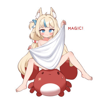 1girl animal_ear_fluff animal_ears arms_up barefoot blonde_hair blue_eyes blue_streaks blush cat_ears completely_nude covering_body crab feet gba_jasjas highres indie_virtual_youtuber kaniki_(sameko_saba) legs lifebuoy_hair_ornament loli long_hair low_twintails multicolored_hair nude sameko_saba sitting smile spread_legs streaked_hair thighs toes towel twintails virtual_youtuber