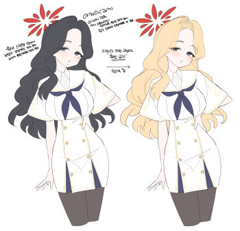 1girl absurdres akemi_(blue_archive) arrow_(symbol) black_eyes black_hair black_pantyhose blonde_hair blue_archive blue_neckerchief blush breasts commentary_request cropped_legs dress halo hand_on_own_hip highres honi_(honi1010) korean_commentary korean_text large_breasts long_hair mole mole_under_eye multiple_views neckerchief pantyhose parted_lips red_halo simple_background translation_request white_background white_dress