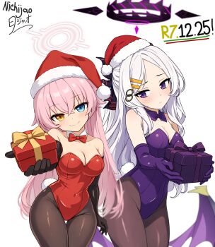 2girls black_halo blue_archive box breasts commentary_request demon_girl demon_horns demon_wings gift gift_box gloves halo hat heterochromia highres hina_(blue_archive) horns hoshino_(blue_archive) long_hair looking_at_viewer low_wings medium_breasts multiple_girls nichijao pink_hair pink_halo playboy_bunny purple_eyes purple_gloves santa_hat simple_background standing very_long_hair white_background white_hair wings
