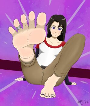 1girl belt_buckle black_hair buckle foot_focus highres jewelry long_hair lori_jiimenez nail_polish pants purple_eyes rebootnt1 sitting smirk soles toe_ring toenail_polish toenails transformers transformers_cybertron transformers_unicron_trilogy