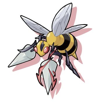 absurdres antennae beedrill bug commentary drop_shadow english_commentary gen_1_pokemon highres insect_wings nintendo no_humans pokemon pokemon_(creature) pokemon_focus pr_quote red_eyes solo stinger white_background wings