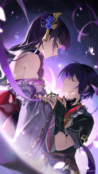 19543275 1boy 1girl absurdres artist_name back back_bow bare_shoulders black_nails blunt_bangs bow braid bridal_gauntlets bug butterfly cherry_blossoms chinese_commentary closed_eyes closed_mouth crying crystalfly_(genshin_impact) detached_collar expressionless eyeliner falling_petals fan_hair_ornament flower flower_ornament from_side genshin_impact glowing glowing_hair glowing_petals gradient_background gradient_hair hair_between_eyes hair_ornament hair_over_shoulder hand_on_another&#039;s_arm hand_on_another&#039;s_cheek hand_on_another&#039;s_face highres insect japanese_clothes jewelry kimono layered_clothes leaning_back leaning_forward light_particles long_braid long_hair long_sleeves looking_down makeup miyoushe_watermark mole mole_under_eye mother_and_son multicolored_hair off_shoulder pendant petals purple_background purple_eyes purple_flower purple_hair purple_kimono purple_ribbon raiden_shogun red_eyeliner red_sash ribbon sash scaramouche_(genshin_impact) shade short_hair short_sleeves single_braid upper_body watermark wide_sleeves