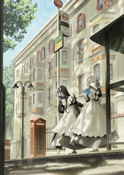 Rule 34 | 2girls, absurdres, apron, black dress, black hair, black shoes, blonde hair, blue eyes, book, brown eyes, building, bus stop, closed mouth, day, dress, frilled apron, frills, full body, highres, holding, holding book, juliet sleeves, lamppost, long hair, long sleeves, maid, maid apron, maid headdress, multiple girls, open mouth, original, outdoors, phone booth, puffy sleeves, shii (kairi-t-k0317), shoes, sky, smile, standing, tree, white apron, white headdress