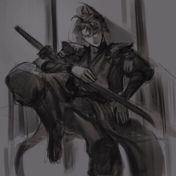 1boy absurdres armor baggy_pants black_hair foot_out_of_frame full_body greyscale hair_bun hand_on_weapon head_tilt highres knee_up leaning_back logicsterrr male_focus mask monochrome painterly pants shadow_slave shoulder_armor sidelighting smirk solo sunny_(shadow_slave) sword weapon