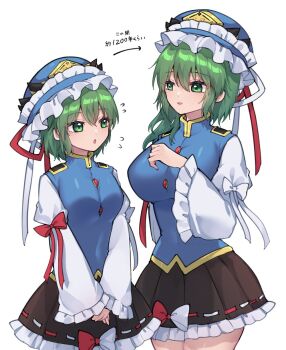 Rule 34 | 2girls, black skirt, blue hat, blue vest, breasts, commentary request, frilled skirt, frills, green eyes, green hair, hair between eyes, hat, highres, large breasts, long hair, long sleeves, multiple girls, open mouth, shiki eiki, shirt, short hair, simple background, skirt, smile, touhou, translation request, unime seaflower, vest, white background, white shirt