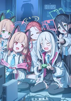 Rule 34 | 6+girls, absurdres, angry, animal ear headphones, animal ears, aqua bow, aqua necktie, aris (blue archive), black hair, black hairband, black jacket, black shirt, black skirt, black socks, black thighhighs, blank eyes, blonde hair, blue archive, blue eyes, blue halo, blue necktie, bow, bowtie, braid, cat ear headphones, cat ears, checkered floor, clock, closed eyes, collared shirt, commentary request, controller, dark room, digital clock, door, extension cord, fake animal ears, game console, game controller, green eyes, green halo, green jacket, hair bow, hairband, halo, happy, headphones, highres, holding, holding controller, holding game controller, indian style, indoors, jacket, jacket partially removed, kei (blue archive), kei (new body) (blue archive), kneeling, long hair, looking at another, midori (blue archive), momoi (blue archive), multicolored jacket, multiple girls, multiple hair bows, necktie, open mouth, picture frame, pink bow, pink bowtie, pink eyes, pink halo, pink jacket, pleated skirt, pointing, pointing at object, pointing forward, power switch, rectangular halo, red hair, red halo, shirt, siblings, silhouette, simoumi 217, single braid, sisters, sitting, skirt, smile, socks, table, thighhighs, twins, twitter username, two-tone jacket, wariza, watermark, white bow, white hair, white jacket, white shirt, yellow halo, yellow jacket, yuuka (blue archive), yuzu (blue archive)