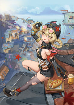 Rule 34 | absurdres, asymmetrical legwear, autumn leaves, beer mug, black nails, black shorts, blonde hair, braid, braided hair rings, breasts, cup, detached sleeves, fang, genshin impact, goggles, goggles on head, hair rings, hat, highres, hot dog, jahoda (genshin impact), leaf, lumine (genshin impact), mechanical arms, mismatched legwear, moonui, mug, nefer (genshin impact), on roof, paimon (genshin impact), prosthesis, prosthetic arm, shorts, single detached sleeve, single mechanical arm, single thighhigh, sitting, sitting on roof, small breasts, star-shaped pupils, star (symbol), symbol-shaped pupils, thighhighs, town, yellow eyes