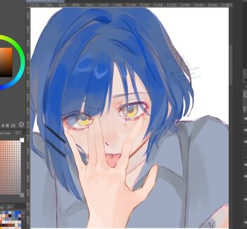 blue_hair blue_shirt bocchi_the_rock! hair_ornament hair_over_eyes hairclip hand_up high_collar looking_at_viewer medium_hair parallel_hairclips portrait shirt sketch starstruckkmess tongue tongue_between_fingers tongue_out yamada_ryo yellow_eyes