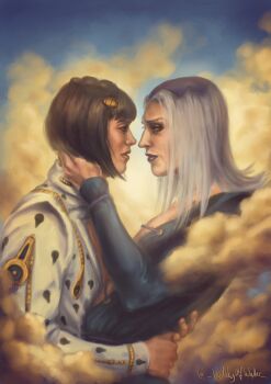 2boys black_hair blue_coat bob_cut bruno_bucciarati cloud coat commentary english_commentary eyeshadow grey_eyeshadow grey_hair hair_ornament hairclip hat high_collar highres jacket jojo_no_kimyou_na_bouken leone_abbacchio long_hair long_sleeves looking_at_another makeup male_focus multiple_boys purple_hat purple_lips sky twitter_username valleyofwater vento_aureo white_jacket yaoi zipper zipper_pull_tab