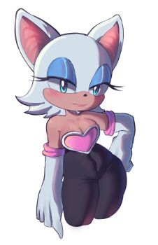 1girl absurdres animal_ears aqua_eyes bare_shoulders bat_ears bat_girl black_pants blush breasts cleavage commentary english_commentary eyelashes furry furry_female gloves hand_on_own_hip highres hobbit_(indira0003) large_breasts looking_at_viewer pants rouge_the_bat simple_background snout solo sonic_(series) standing white_background white_gloves