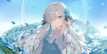 1girl artist_name blue_eyes blue_flower blurry blurry_background breasts chenmu_sora chinese_commentary closed_mouth commentary_request day flower hair_flower hair_ornament hair_over_one_eye highres long_hair long_sleeves looking_at_viewer original outdoors side_part small_breasts smile solo upper_body watermark weibo_username weibo_watermark white_hair