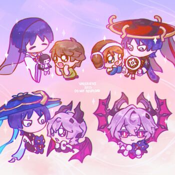 2025 6+boys animalization artist_name black_bodysuit black_bridal_gauntlets black_hat black_horns black_kimono black_sleeves blue_eyes blue_hat blunt_ends blush blush_stickers bodysuit bridal_gauntlets bright_pupils brown_eyes brown_hair brown_hat closed_eyes closed_mouth clothing_cutout cropped_torso diamond-shaped_pupils diamond_(shape) doll dragon_boy dragon_horns dragon_wings earmuffs eyeliner eyeshadow facial_mark facing_another feathers forehead_mark freckles fur-trimmed_headwear fur_trim furisode genshin_impact giving gloves gold green_shirt grey_veil hair_between_eyes hands_on_own_face hat highres holding holding_doll horns japanese_clothes jewelry jingasa kariginu kimono layered_sleeves long_sleeves makeup mini_durin_(genshin_impact) mini_durin_(human)_(genshin_impact) multiple_boys multiple_persona neck_ring no_mouth open_mouth person_and_animalization pink_background pink_hair pink_wings pom_pom_(clothes) purple_eyes purple_hair purple_horns purple_sleeves purple_veil red_eyeliner red_eyes red_eyeshadow red_hat red_trim ruin_guard_(genshin_impact) scaramouche&#039;s_sickly_friend_(genshin_impact) scaramouche_(cat)_(genshin_impact) scaramouche_(genshin_impact) scaramouche_(kabukimono)_(genshin_impact) see-through_clothes see-through_veil shirt short_sleeves shoulder_cutout single_hair_intake smile sparkle string stuffed_animal stuffed_toy symbol-shaped_pupils teucer_(genshin_impact) two-sided_horns two-tone_hat ushanka valerieks veil wanderer_(genshin_impact) white_gloves white_kimono white_pupils white_sleeves wide_sleeves wings wispy_bangs yellow_feathers