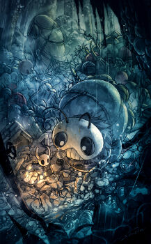artist_name black_eyes bug cave chain cloak corpse firefly full_body gen_2_pokemon grey_cloak highres holding holding_magnifying_glass hollow_eyes hollow_knight horns insect knight_(hollow_knight) lanturn magnifying_glass mamoru_mikokoro mask nail_(hollow_knight) no_humans rain sparkle standing trash weapon wet