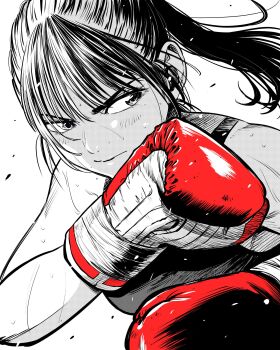Rule 34 | 1girl, boxing, boxing gloves, commentary request, flying sweatdrops, gloves, greyscale, hatching (texture), highres, lee (dragon garou), monochrome, original, ponytail, portrait, red gloves, serious, solo, sports bra, spot color, sweat, very sweaty