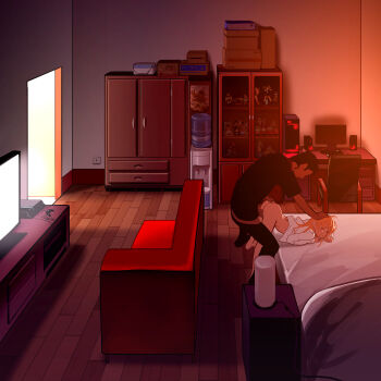 1boy 1girl as109 ass bed bent_over blonde_hair bottomless clothed_sex computer couch desk doggystyle elf flat_chest game_console hetero highres loli monitor naked_shirt playstation_4 pointy_ears sex sex_from_behind shirt size_difference south_park television top-down_bottom-up tsuuhan_elf vaginal