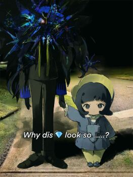 2girls black_hair black_jacket black_pants bright_pupils caption celeste67491740 closed_mouth emoji english_text geeta_(pokemon) gem_(symbol) gloves grey_footwear grey_jacket highres holding_hands jacket long_sleeves looking_at_viewer meme multiple_girls night nintendo outdoors pants pantyhose photo_background pokemon pokemon_sv poppy_(pokemon) shadow shoes sidewalk standing why_dis_ninja_look_so_mad_(meme) yellow_pantyhose