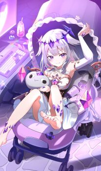 1girl 2windrill absurdres arm_up bare_shoulders barefoot black_corset center-flap_bangs chest_jewel circlet closed_mouth colored_inner_hair commentary computer_keyboard corset detached_collar detached_sleeves double-parted_bangs dress gem grey_hair hair_flaps hand_jewel highres holding holding_stuffed_toy hololive hololive_english indoors jewel_under_eye koseki_bijou koseki_bijou_(1st_costume) long_hair looking_at_viewer moai_(koseki_bijou) multicolored_hair nail_polish pacifier pebble_(koseki_bijou) pink_hair pleated_dress purple_eyes purple_gemstone purple_nails sidelocks single_detached_sleeve sitting smile soles solo strapless strapless_dress stroller stuffed_animal stuffed_toy symbol-only_commentary toenail_polish toenails underbust v-shaped_eyebrows very_long_hair virtual_youtuber white_dress white_sleeves