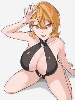 1girl bikini black_bikini black_swimsuit blonde_hair breasts fukuya_art hair_between_eyes hand_up highres kneeling large_breasts open_mouth original red_eyes simple_background smile solo swimsuit white_background