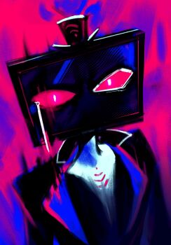 1boy absurdres black_jacket colored_sclera crying dopeybunni formal_clothes glowing glowing_eyes hat hazbin_hotel hellaverse highres jacket male_focus purple_background red_background red_sclera solo suit television top_hat upper_body vox_(hazbin_hotel) white_eyes