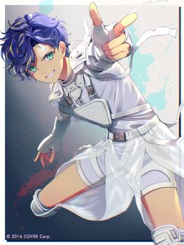 Rule 34 | 1boy, aiming, aiming at viewer, aqua eyes, astel leda, belt, blonde hair, blue background, blue hair, border, chest guard, clothing cutout, copyright notice, curtained hair, feet out of frame, finger gun, fingerless gloves, gloves, gradient background, grey background, grin, hair between eyes, highres, holostars, knee guards, leg cutout, looking at viewer, male focus, momoshiki tsubaki, multicolored hair, official art, outside border, pants, scar, scar on face, scar on forehead, see-through clothes, see-through pants, shirt, short hair, shorts, shoulder guard, smile, solo, splatter background, streaked hair, swept bangs, virtual youtuber, wavy hair, white belt, white border, white gloves, white shirt, white shorts