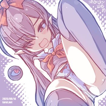 1girl backbeako_(torotei) backbeard black_hair black_shirt black_thighhighs blush bow bow_panties commentary d; dated dated_commentary dutch_angle eyes_visible_through_hair gegege_no_kitarou hair_bow hair_over_one_eye knee_up kono_lolicon_domome long_hair looking_at_viewer neckerchief one_eye_closed open_mouth original paid_reward_available panties pointy_ears purple_background red_bow red_eyes red_neckerchief shirt simple_background sitting sleeveless sleeveless_shirt solo thighhighs thighs torotei translated twintails underwear watermark web_address white_background white_panties