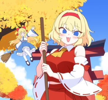 2girls :3 alice_margatroid arm_up ascot autumn bare_shoulders blonde_hair blue_eyes bnelsey bow breasts broom cosplay detached_sleeves fang hair_bow hairband hakurei_reimu hakurei_reimu_(cosplay) holding holding_broom kochiya_sanae kochiya_sanae_(cosplay) large_breasts leggings long_hair mesugaki multiple_girls open_mouth outdoors red_bow red_hairband red_skirt red_trim shanghai_doll sidelocks skirt smug solo torii touhou waving white_leggings wide_sleeves