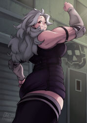 Rule 34 | 2023, ahoge, arm guards, arm up, armlet, artist name, ass, back, black shirt, black skirt, black thighhighs, breasts, building, clenched hands, commentary, contrapposto, cowboy shot, day, dmxwoops, dorohedoro, ear piercing, english commentary, female focus, flexing, foreshortening, from side, graffiti, grey hair, highres, large breasts, long hair, looking at viewer, messy hair, muscular, muscular female, noi (dorohedoro), outdoors, parted bangs, piercing, raised fist, red eyes, shirt, sideboob, skirt, skull, sleeveless, sleeveless jacket, smile, solo, standing, thighhighs, thighs, tight clothes