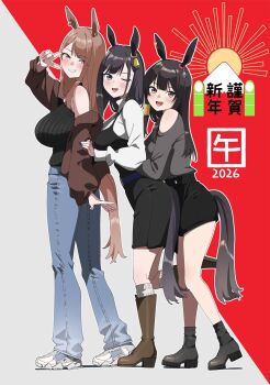 2026 3girls :d ;d animal_ears bell bell_earrings belt black_dress black_eyes black_hair black_shirt black_shorts black_socks blush boots brown_boots brown_eyes brown_hair brown_sweater clothing_cutout commentary_request denim dress earrings fang fang_out grey_shirt height_difference highres horse_earrings horse_ears horse_girl horse_tail jeans jewelry knee_boots kuro_(toi_et_moi) leg_up long_hair long_sleeves looking_at_viewer looking_to_the_side medium_hair multiple_girls nail_polish new_year one_eye_closed open_mouth original pants ribbed_shirt ribbed_socks shirt shoes shorts shoulder_cutout sleeveless sleeveless_shirt smile sneakers socks standing standing_on_one_leg sweater tail v white_socks white_sweater