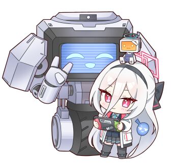 Rule 34 | . ., 1girl, ^ ^, ankle boots, black boots, black bow, black hairband, black jacket, black skirt, black thighhighs, blue archive, blue necktie, blush, boots, bow, bright pupils, chibi, chibi only, closed eyes, closed mouth, collared shirt, commentary request, double-parted bangs, full body, hair between eyes, hair bow, hairband, halo, handheld game console, highres, holding, holding handheld game console, jacket, kei (amas) (blue archive), kei (blue archive), kei (new body) (blue archive), kei (robot) (blue archive), long bangs, long hair, long hair between eyes, long sleeves, looking at viewer, multicolored jacket, necktie, nintendo switch, non-humanoid robot, open clothes, open jacket, pink eyes, pink halo, pink jacket, pleated skirt, puffy long sleeves, puffy sleeves, rectangular halo, ringed eyes, robot, screen, shirt, sidelocks, simple background, skirt, smile, spoken expression, standing, sucong, thighhighs, v, very long hair, wheel, white background, white hair, white jacket, white shirt