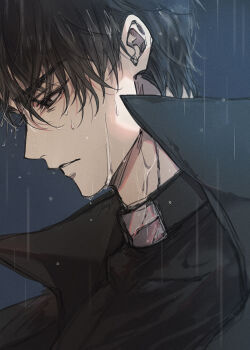 1boy black_coat black_hair black_shirt coat curtained_hair expressionless hair_between_eyes hashtag-only_commentary looking_to_the_side male_focus mikoyuki omniscient_reader's_viewpoint open_clothes open_coat outdoors parted_lips rain shirt short_hair solo upper_body yoo_joonghyuk
