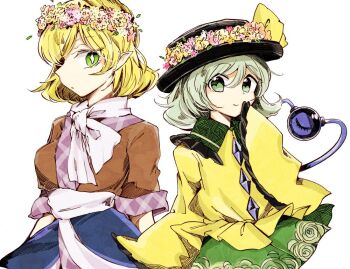 2girls black_hat blonde_hair bow breasts brown_shirt buttons closed_mouth collared_shirt commentary_request cowboy_shot diamond_button floral_print frilled_shirt_collar frilled_sleeves frills green_eyes green_hair green_skirt hat hat_bow head_wreath komeiji_koishi long_sleeves looking_at_viewer medium_breasts mizuhashi_parsee multiple_girls pointy_ears print_skirt rose_print sash scarf shirt short_hair short_sleeves simple_background skirt sleeves_past_fingers sleeves_past_wrists smile tama_(hiroshige_36) third_eye touhou white_background white_sash white_scarf yellow_bow yellow_shirt