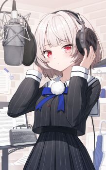 1girl :o absurdres black_jacket black_skirt blue_bow blue_bowtie blunt_bangs blush bow bowtie brick_wall buttons closed_umbrella commentary grey_hair hair_ornament hands_on_headphones hands_up headphones highres indoors jacket long_sleeves microphone no_headwear parted_lips pinstripe_jacket pinstripe_pattern pinstripe_skirt pleated_skirt pom_pom_(clothes) pom_pom_hair_ornament pop_filter rakun recording_studio red_eyes sailor_collar school_uniform sheet_music shirt_overhang short_hair side_part skirt solo studio_microphone swept_bangs ui_(voisona) umbrella voisona white_sailor_collar wrist_cuffs