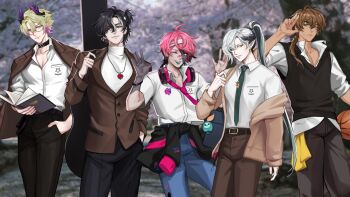 5boys ball basketball_(object) book brown_hair cassian_floros closed_mouth clothes_around_waist commentary demon_boy english_commentary first_stage_production gale_galleon glasses hand_in_pocket headphones headphones_around_neck highres holding holding_ball holding_book horns jacket jacket_around_waist long_sleeves looking_at_viewer lucien_lunaris multiple_boys one_eye_closed open_book open_mouth pointy_ears ponytail rosco_graves school_uniform virtual_youtuber zander_netherbrand zeelay zombie