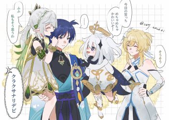1boy 3girls alternate_hairstyle anemo_symbol_(genshin_impact) animal_print arm_cutout armlet arms_behind_back bare_shoulders bird_print black_bodysuit black_bow black_cape black_shorts blonde_hair blue_cape blue_eyes blue_gem blue_trim blunt_ends bodysuit boots bow bracelet braid breasts cape carrying child_carry children's_day choppy_bangs closed_eyes closed_mouth clothing_cutout detached_sleeves diamond_hair_ornament dress eyeliner facing_another feathers floating flower furisode gem genshin_impact gold gold_armlet gold_bracelet gold_halo gold_trim green_cape green_hair green_sleeves grey_pupils grid_background hair_flower hair_ornament hakama hakama_shorts half_crown_braid halo halterneck hand_on_another's_shoulder hand_on_another's_thigh hand_on_own_hip highres houhouhou0103 japanese_clothes jewelry kimono leaf leaf_hair_ornament levitation long_hair long_sleeves lumine_(genshin_impact) makeup mandarin_collar mechanical_halo medium_hair multicolored_hair multiple_girls nahida_(genshin_impact) one_side_up open_mouth paimon_(genshin_impact) pleated_shorts pointy_ears pom_pom_(clothes) purple_sash red_eyeliner romper sash scaramouche_(genshin_impact) scarf short_dress short_hair short_hair_with_long_locks shorts shoulder_peek side_cape side_ponytail sidelocks single_thighhigh sketch small_breasts split_mouth streaked_hair sweatdrop thighhighs tsurime twitter_username vambraces wanderer_(genshin_impact) white_background white_boots white_dress white_flower white_hair white_romper white_scarf white_sleeves white_thighhighs yellow_feathers