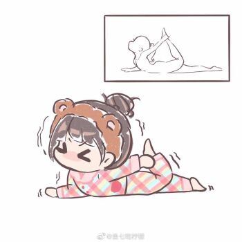 &gt;_&lt; 1girl animal_ear_hairband animal_ears barefoot bear_ears blush brown_hair brown_hairband chibi chinese_commentary collared_shirt commentary_request fake_animal_ears fur_hairband hair_bun hairband hand_on_own_foot long_sleeves lying messy_hair multicolored_pajamas multicolored_pants multicolored_shirt no_mouth on_stomach original pajamas pants plaid_clothes plaid_pajamas plaid_pants plaid_shirt pocket shirt short_hair simple_background single_hair_bun solo stretching trembling unmoving_pattern updo v-shaped_eyebrows watermark weibo_watermark white_background xiaoyu_qixing yoga