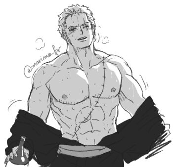 Rule 34 | 1boy, abs, bara, bare pectorals, blush, breath, come hither, commentary, cowboy shot, earrings, english commentary, greyscale, highres, japanese clothes, jewelry, kimono, large pectorals, looking at viewer, male focus, marimo fr, monochrome, muscular, muscular male, navel, nipples, one piece, open clothes, open kimono, pectorals, roronoa zoro, scar, scar across eye, scar on face, short hair, smile, standing, stomach, sweat, undressing, very sweaty