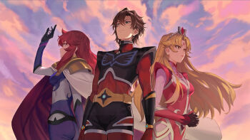 1boy 2girls armor artist_request blonde_hair blue_eyes bodysuit brown_hair duke_fleed gloves grendizer_u hair_ornament long_hair makeup mazinger_(series) multiple_girls official_art pilot_suit red_bodysuit red_hair rubina_beryl_vega short_hair shoulder_armor sideburns skin_tight teronna_aqua_vega ufo_robo_grendizer yellow_eyes