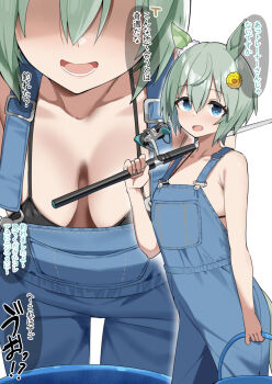 1girl alternate_breast_size_(larger) animal_ears armpit_crease bikini black_bikini blue_eyes breasts bucket collarbone commentary_request downblouse ear_covers fishing_rod grey_hair grey_overalls hair_between_eyes highres holding holding_bucket holding_fishing_rod horse_ears horse_girl leaning_forward looking_at_viewer medium_breasts multiple_views open_mouth overalls sasanon_(sasapoliton) seiun_sky_(umamusume) short_hair simple_background single_ear_cover smile speech_bubble swimsuit translation_request umamusume white_background