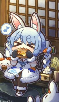 >_< 1girl :3 animal_ear_fluff animal_ears artist_name black_gloves black_pantyhose blue_hair braid burger chibi chibi_only commentary_request dango dress eating food fur-trimmed_dress fur_trim gloves highres hololive long_hair multicolored_hair musical_note pantyhose pekomon_(usada_pekora) rabbit_ears rabbit_girl same_anko sanbou shouji sitting sliding_doors solo spoken_musical_note tsukimi tsukimi_dango twin_braids twitter_username two-tone_hair usada_pekora usada_pekora_(1st_costume) virtual_youtuber wagashi white_dress white_hair wooden_porch x3