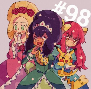 Rule 34 | 1girl, 2boys, alternate hairstyle, aqua dress, ash ketchum, ashley (pokemon bw098), beehive hairdo, bow, cilan (pokemon), commentary request, cowboy shot, crossdressing, crossdressing (mtf), dark-skinned female, dark skin, dress, episode number, frilled sleeves, frills, gen 1 pokemon, green dress, hair bow, iris (pokemon), juliet sleeves, long hair, long sleeves, looking ahead, mgomurainu, multiple boys, multiple traps, nervous sweating, nintendo, official alternate costume, ojou-sama pose, pikachu, pink dress, pink hair, pokemon, pokemon (anime), pokemon bw098, pokemon bw (anime), pouf (hairstyle), puffy sleeves, purple hair, small sweatdrop, sticker on tail, sweat, tiara, trap, updo, very long hair