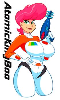 1girl atomickingboo breasts green_eyes gun huge_breasts original pink_hair weapon