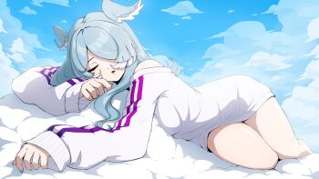 1girl absurdres blue_hair blue_nails blue_sky closed_eyes cloud cloudy_sky commentary daydarion elira_pendora elira_pendora_(1st_costume) english_commentary full_body head_wings highres long_hair long_sleeves naked_sweater nijisanji nijisanji_en on_cloud parted_lips single_off_shoulder sky sleeping sleeves_past_wrists solo sweater thighs virtual_youtuber wings
