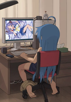 00s ahoge barefoot bed blue_hair chair computer desk feet female_masturbation hiiragi_kagami izumi_konata keyboard computer_keyboard lucky_star lying masturbation monitor open_mouth purple_hair school_uniform soles toes