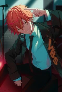 1boy arm_up black_necktie blonde_hair buttons clenched_teeth collared_shirt dress_shirt earclip earrings hair_between_eyes hashtag-only_commentary highres index_finger_raised jacket jewelry long_sleeves male_focus microphone microphone_stand multicolored_hair necktie official_alternate_costume open_clothes open_jacket orange_hair overcome_one&#039;s_limits_(project_sekai) project_sekai shinonome_akito shirt short_hair smile solo streaked_hair teeth two-tone_hair umemori_mai watermark