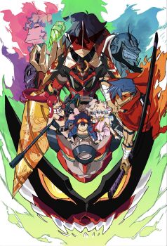 5girls 6+boys antispiral belt bikini bikini_top_only blue_hair breasts cleavage core_drill cross-shaped_pupils drill drill_polearm goggles goggles_on_head gurren-lagann highres kamina_(ttgl) kamina_shades kittan_bachika lagann large_breasts long_hair looking_at_viewer lordgenome midriff_sarashi multicolored_hair multiple_boys multiple_girls nia_teppelin official_art ponytail red_hair sarashi scarf shorts simon_(ttgl) simon_shades smile spiral_power sushio swimsuit symbol-shaped_pupils tegaki tengen_toppa_gurren-lagann_(mecha) tengen_toppa_gurren_lagann thighhighs triangular_eyewear viral_(ttgl) weapon yoko_littner