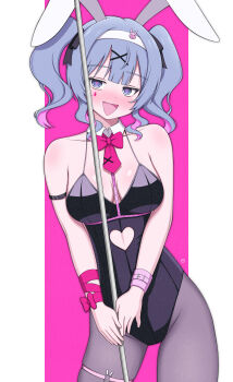1girl absurdres animal_ears arm_ribbon armband black_armband black_leotard black_pantyhose blue_eyes blue_hair blush border bow bowtie breasts clothing_cutout collar cowboy_shot dokadayo dot_nose double-parted_bangs fake_animal_ears hair_ornament hairband hairpin half_updo harness hatsune_miku heart_cutout highres holding holding_pole large_breasts leaning_forward leotard looking_at_viewer medium_hair multiple_hairpins necktie nose_blush open_mouth pantyhose pink_background pink_pupils pink_wrist_cuffs playboy_bunny pole rabbit_ears rabbit_hair_ornament rabbit_hole_(vocaloid) red_bow red_bowtie red_necktie red_ribbon ribbon seductive_smile short_necktie simple_background single_wrist_cuff smile solo spaghetti_strap teardrop_facial_mark vocaloid white_border white_collar white_hairband wrist_cuffs